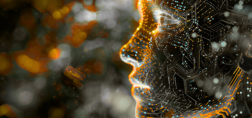 Das Bild zeigt eine Person, die mit ihrer Außenwelt digital vernetzt ist
